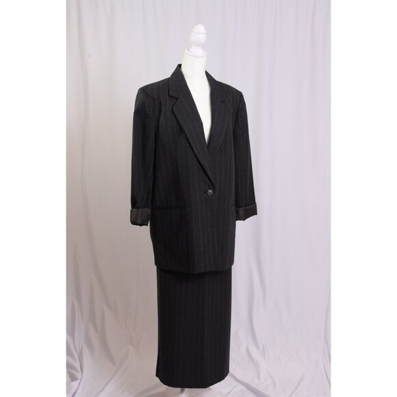 3-Piece Black Pinstripe Suit Set Wool Size 14 - Picture 1 of 9